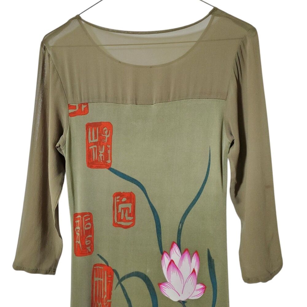 Illig Vintage 100% Silk Midi Dress Size M Y2K Asian Lotus Print Kanji Womens - Picture 7 of 11